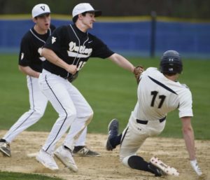 Valley's Dan Antonacci tags out Shady Side Academy's Matt Wellstead on a steal attempt in the sixth inning Monday, April 23, 2018 at Shady Side Academy.
