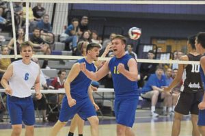 Derry's Dom DeLuca reacts after scoring against Ambridge during the WPIAL Class AA boys volleyball championship Thursday, May 24, 2018, at Baldwin.