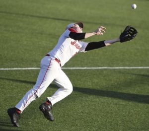 North Hills first baseman makes a diving catch on a ball hit by Mars Area's Rowen Fletcher during the WPIAL 5-A Baseball Championship Wednesday May 30, 2018 at Wild Things Park.