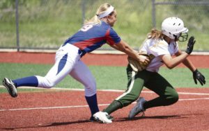 Mt. Pleasant second baseman Christiana Czegan tags out Belle Vernon Area's Sophia Godzak during quarterfinal PIAA 4-A softball action at Greater Latrobe High School.