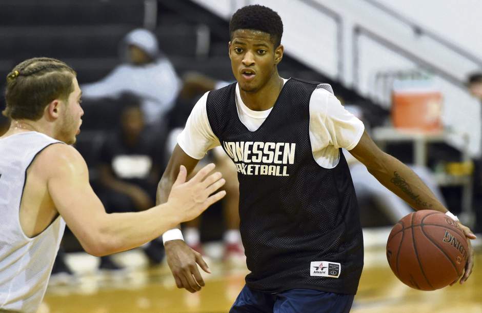 Monessen's Lyndon Henderson brings the ball upcourt during a scrimmage against Greensburg Salem Tuesday, Nov. 28, 2017, at Monessen High School.