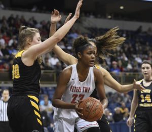 Peters’ Journey Thompson grabs a rebound away from North Allegheny’s Paige Morning Star 6A girls WPIAL Championship Saturday, March 2, 2019 at Petersen Events Center.