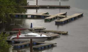 Empty docks are pictured along the Allegheny River in Tarentum on Thursday, June 6, 2019. Heavy rains so far this spring have made river conditions unsafe for recreational boaters, but conditions are expected to improve this week.