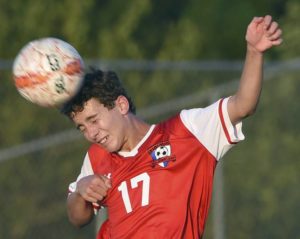 Mount Pleasants Caleb Heiser heads the ball upfield during a game against Leechburg Tuesday, Sept. 3, 2019, at Mount Pleasant High School.