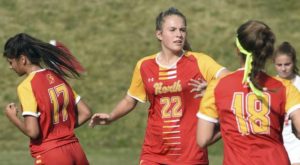 North Catholics Jayden Sharpless celebrates one of her goals with teammates during their game against Avonworth Monday, Sept.16, 2019, in Cranberry. Sharpless scored a hat trick to lead North Catholic to a 4-0 victory.