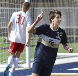 Franklin Regionals Garrett Beaver celebrates his goal during a WPIAL Class 3A first round playoff game against Laurel Highlands Saturday, Oct. 19, 2019, at Franklin Regional High School.