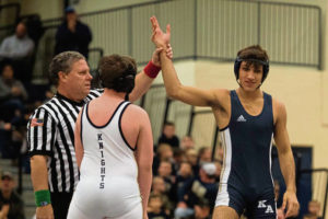 Kiski’s Jack Blumer is announced the winner against Norwin’s Grant Williams during WPIAL wrestling on Wednesday, Dec. 11, 2019 at Kiski Area High School.