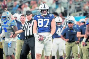 Penn State tight end Pat Freiermuth celebrates after a catch during the Cotton Bowl against Memphis in Arlington, Texas, Saturday, Dec. 28, 2019.