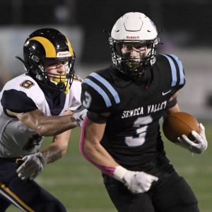 Seneca Valleys Connor Lyczek eludes Mt. Lebanons Eli Heidenreich during the second quarter on Friday, Oct. 23, 2020, in Jackson.