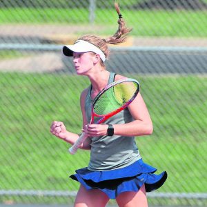 Knoch’s Laura Greb pumps her fist after winning her fourth consectutive WPIAL Class AA tennis championship on Sept. 25, 2020, at North Allegheny High School.