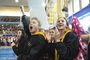 Teammates celebrate North Allegheny’s win in the girls 200 medley relay during the 2020 Class AAA WPIAL Swimming and Diving Championship at Trees Pool.