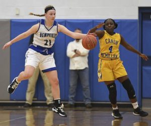 Hempfields Sarah Podkul steals the ball from Canon-McMillans Kelsey Wandera on Thursday, Feb. 4, 2021 at Hempfield Area High School.