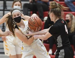 North Allegheny’s Cam Phillips steals the ball from Upper St. Clair’s Alexandra Prunzik during the WPIAL Class 6A girls basketball final on Saturday.