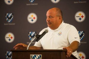 Greater Latrobe High School athletic director Mark Mears speaks during a news conference for the 53rd Steelers Training Camp on July 18, 2018, at Saint Vincent College.
