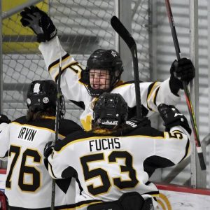 North Allegheny’s Austin Peterson celebrates his goal with Matt Irvin and Karl Fuchs during the third period the PIHL Class AAA Penguins Cup final against Mt. Lebanon on Monday, April 19, 2021, at RMU ISland Sports Center.