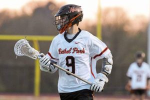 Bethel Park junior attack Matt Kopp (9) competes against Penn-Trafford on April 9, 2021, at Bethel Park.