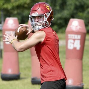 North Catholic quarterback Joey Prentice throws a pass during practice on Aug. 9, 2021, in Cranberry.