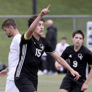 Quaker Valleys Wil Dunda celebrates his first goal on a penalty kick during a WPIAL Section 4-2A game against North Catholic on Thursday, Sept. 23, 2021, in Leetsdale. QV won, 3-0.