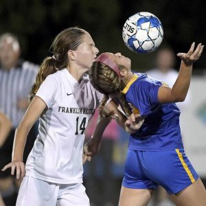 Franklin Regionals Abigail Paterline battles Hamptons Kendall Hoolahan for possession during their game on Wednesday, Oct. 6, 2021, at Frildey Field in Hampton. The game ended in a 1-1 tie.