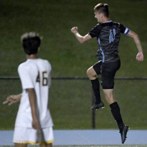 Seneca Valleys Nathan Prex celebrates his hat-trick goal against North Allegheny on Monday, Oct. 11, 2021, in Jackson. SV won, 5-0.