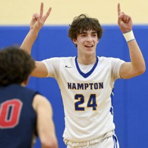 Hampton’s Peter Kramer celebrates after hitting a three-point shot against Shaler on Tuesday, Dec. 20, 2022, at Hampton High School.