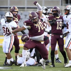 Steel Valleys Greg Smith celebrates his sack during the WPIAL Class 2A championship game against Beaver Falls on Friday, Nov. 25, 2022, at Acrisure Stadium.