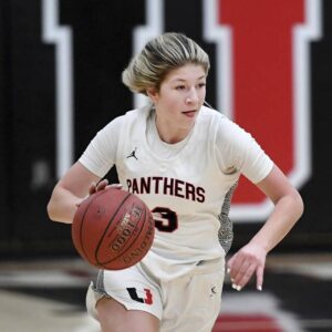Upper St. Clair’s Rylee Kalocay brings the ball upcourt during a Section 2-6A game against Bethel Park last season.