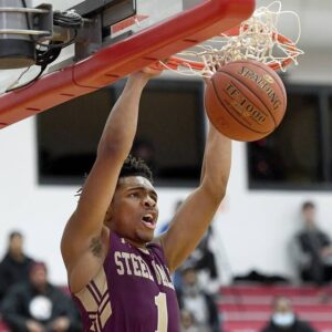 Steel Valleys Makhai Valentine dunks against Seton LaSalle during a 2022 WPIAL Class 3A playoff game.