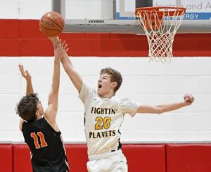 Mars Ryan Ceh rejects a shot from Bethel Parks Domanick Simmons during the second half of No. 7 Mars 76-40 victory over No. 10 Bethel Park in the WPIAL Class 5A first round Friday, Feb. 17, 2023, at North Hills Middle School.