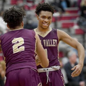 Steel Valleys Makhai Valentine celebrates with Cruce Brookins in the final seconds of a win over Seton LaSalle in the 2022 WPIAL playoffs.