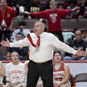Freedom coach John Kaercher reacts to a call during the 2022 PIAA Class 3A state championship game against Neumann-Goretti.