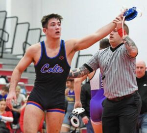 Chartiers Valleys Dylan Evans celebrates victory in the 160-pound finals of the Allegheny County wrestling championships Jan. 21.