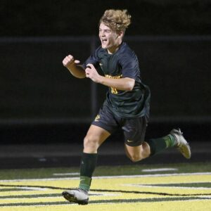 Deer Lakes’ Peyton Kushon celebrates after scoring the winning goal against Shady Side Academy on Tuesday, Sept. 5, 2023, in West Deer.