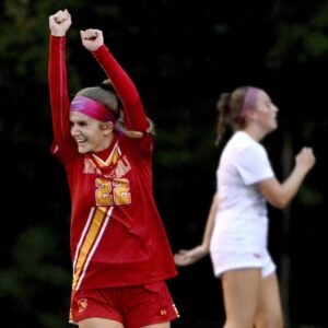 North Catholic’s Simone Sharpless celebrates her lone goal against Avonworth on Monday, Sept. 25, 2023, at JC Stone Field in North Park.