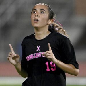 Moons Lilly Snyder celebrates after scoring in double overtime to defeat Montour, 1-0, on Wednesday, Oct. 4, 2023, in Moon.