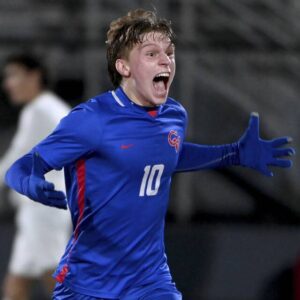 Chartiers Valley’s Johnny Krug celebrates after defeating West Allegheny, 3-2, on Tuesday, Oct. 17, 2023, in Collier.