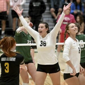 North Allegheny’s Jamie Frisco celebrates after scoring the match point against Pine-Richland on Thursday, Oct. 19, 2023, in Pine.