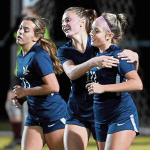 Freeport’s Camryn Woods (22) celebrates with Samantha Liput after scoring her second goal against Beaver during their WPIAL Class 2A first round playoff game on Tuesday, Oct. 24, 2023, at Freeport.