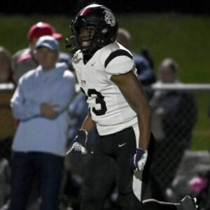 Aliquippa’s Tikey Hayes celebrates after scoring against Central Valley on Friday, Oct. 27, 2023, in Center Twp.