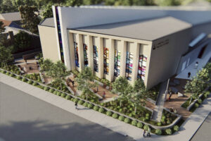 This image provided by Studio Libeskind shows a model with the design of a proposed memorial, lower left, outside the Tree of Life synagogue in Pittsburgh. On Oct 27, 2018, 11 worshippers were killed when a gunman opened fire during services.