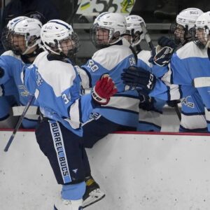 Burrells Aidan Petroff celebrates his hat trick goal with teammates during their game against Deer Lakes on Thursday at Alpha Ice Complex.