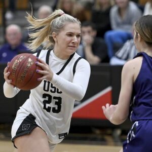 Upper St. Clair’s Olivia Terlecki drives to the basket against Baldwin on Thursday, Jan. 18, 2024, at USC.