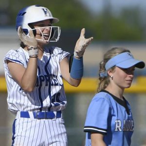 Hempfield’s Allie Cervola celebrates her RBI double against Seneca Valley on May 1, 2024, at Hempfield.