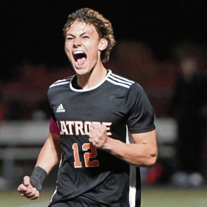 Latrobe’s Roman Agostoni celebrates after scoring against Bethel Park during their WPIAL Class 3A quarterfinal on Wednesday, Oct. 23, 2024, at Latrobe.