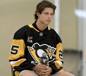 Penguins first-round draft pick Will Horcoff speaks to the media June 30 at UPMC Lemieux Sports Complex.