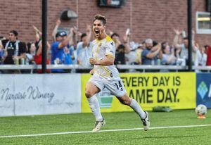 Robbie Mertz of the Pittsburgh Riverhounds celebrates scoring against New Mexico United on Friday, July 4, 2025 at Highmark Stadium.