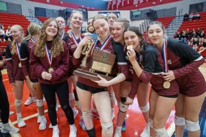 Greensburg Central Catholic players celebrate their WPIAL Class A volleyball championship win over Frazier on Nov. 2, 2024.