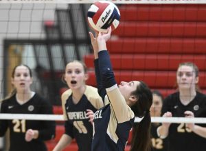 Hopewell’s Marina Pinchotti sets for Quaker Valley during the WPIAL Class 2A girls volleyball championship match Nov. 2, 2024 at Peters Township.