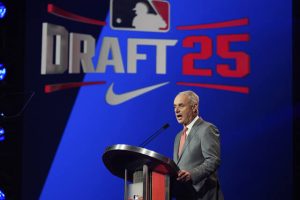 MLB commissioner Rob Manfred speaks during the first round of the MLB Draft on Sunday.