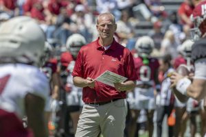 Alabama coach Kalen DeBoer watches his players during spring drills in April.